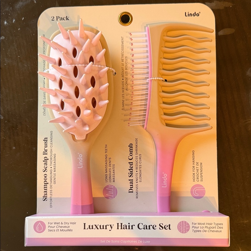 Pink Luxury Hair Care Set - Shampoo Scalp Brush & Dual-Sided Comb